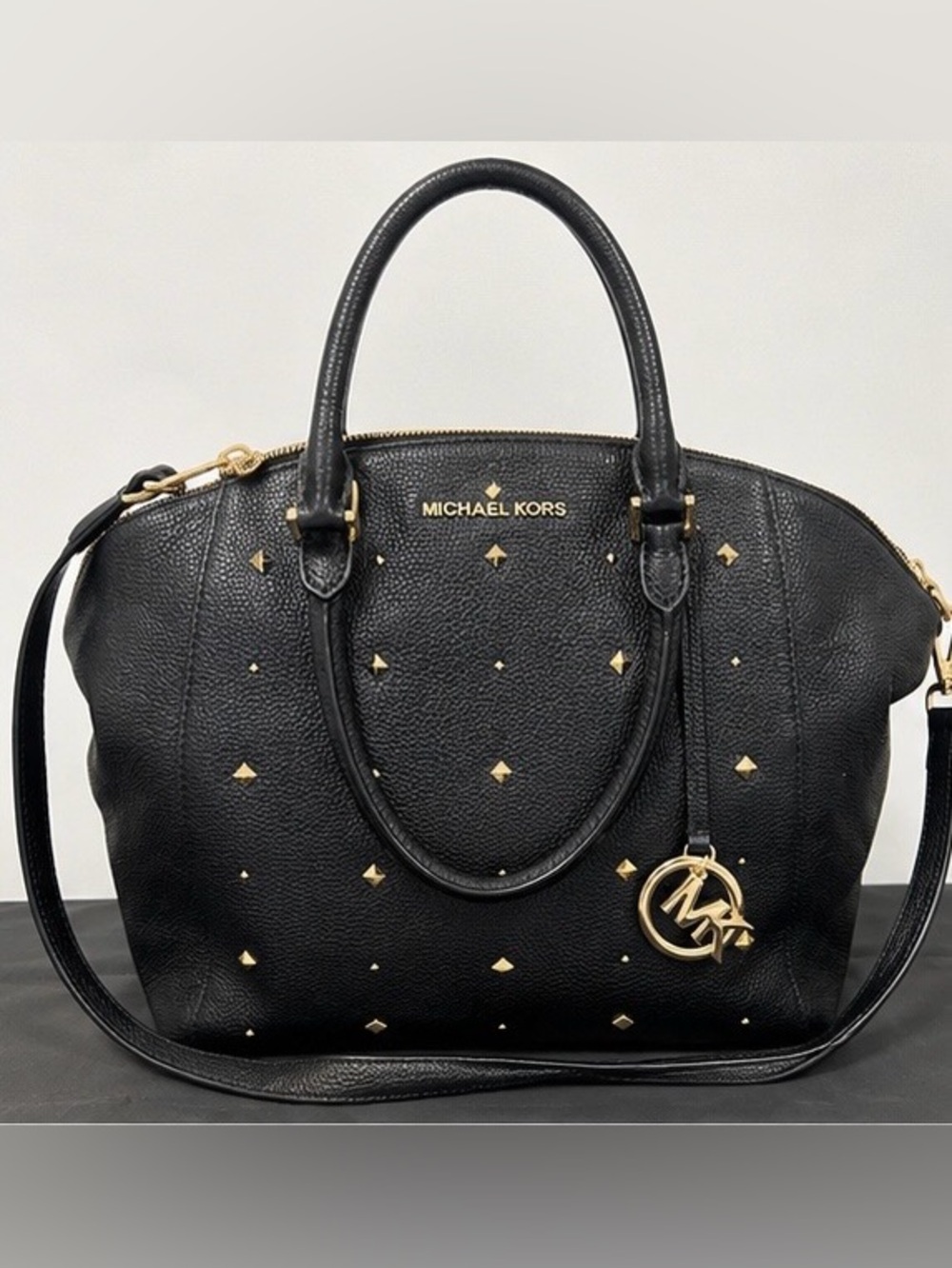 Michael Kors Black Pebbled Leather Gold Studded Satchel Shoulder Bag
